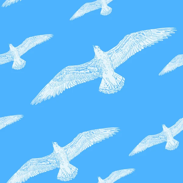 Бесшовная текстура белой чайки в небе голубой backgroun — стоковый вектор