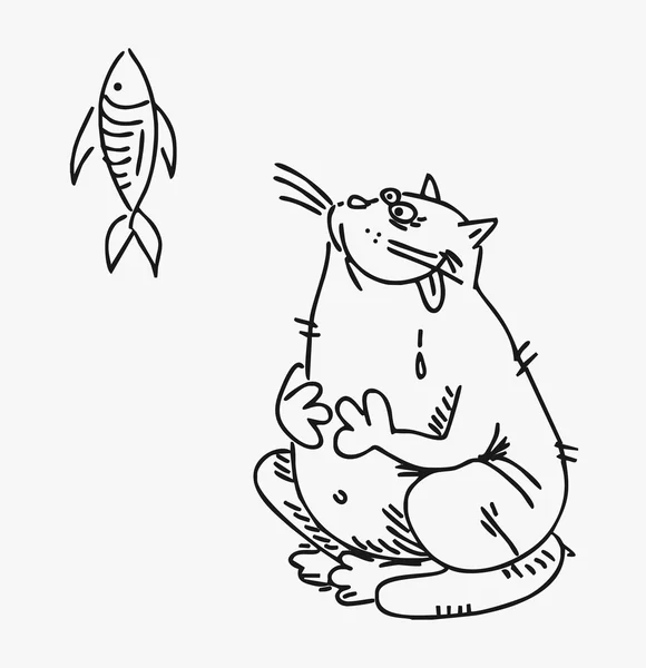 Gato que quiere comer un sabroso vector de peces dibujado curva — Vector de stock