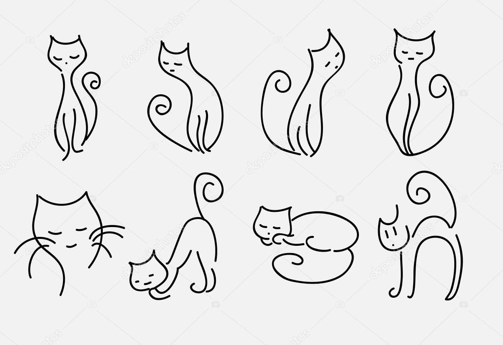 set of cartoon cats vector curved lines