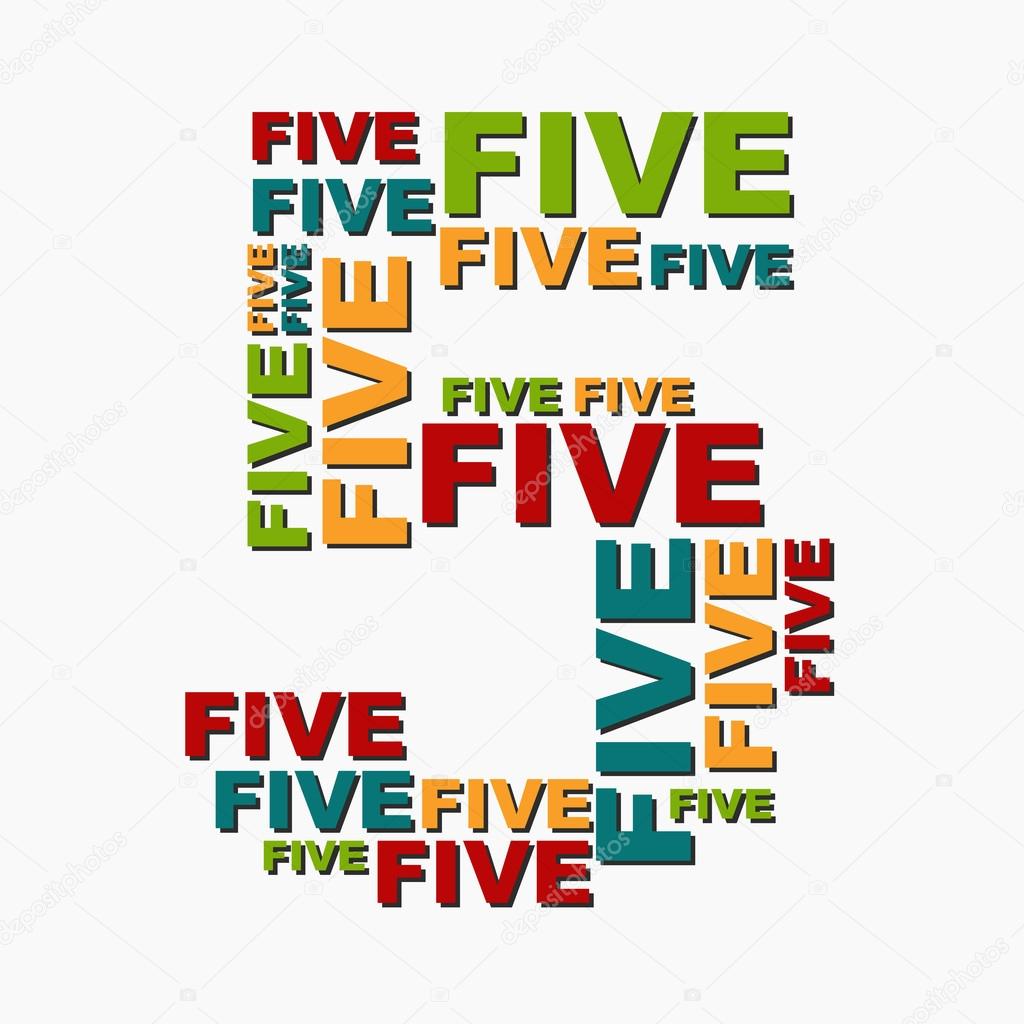 5 five digit number consisting of words of different sizes of multi color.