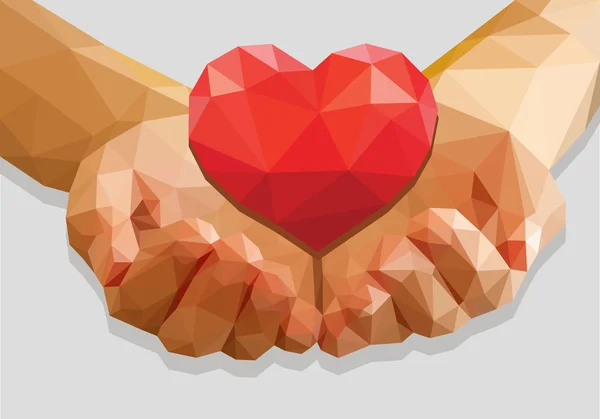 Cupped hands keep red heart isolated low-poly polygon on a gray — Stock Vector