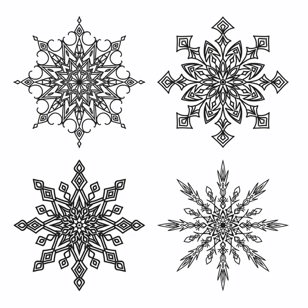Conjunto de 4 patrones radiales estrella de copo de nieve sobre un fondo blanco — Archivo Imágenes Vectoriales