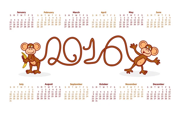Calendario de 2016 monos divertidos sobre un fondo blanco — Vector de stock