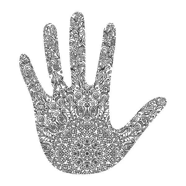 Mehendi en la palma de un patrón grande e intrincado negro en wh — Archivo Imágenes Vectoriales