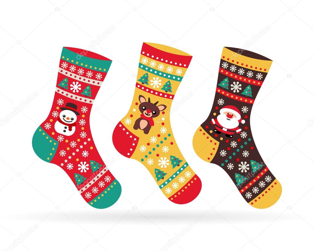 Socks with Christmas symbols Snowman Santa with reindeers