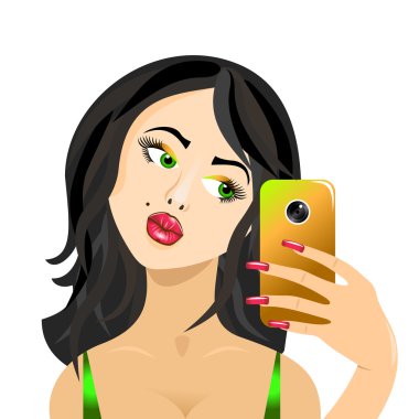 Kendini aynada yapıyor kız yüz üzerinde izole telefon isteyen ördek