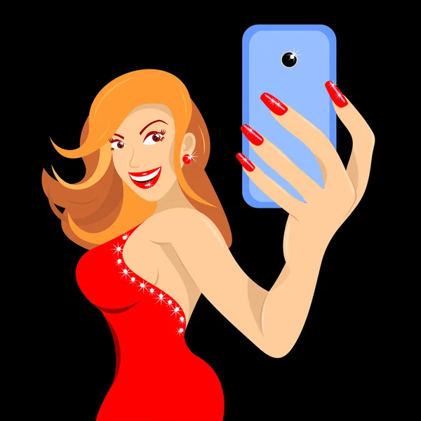 Frau im roten Kleid macht sich auf schwarzem Hintergrund selbstständig — Stockvektor