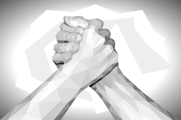 Månghörnigt hand handslag vänliga armbrytning näve upp på svart — Stock vektor