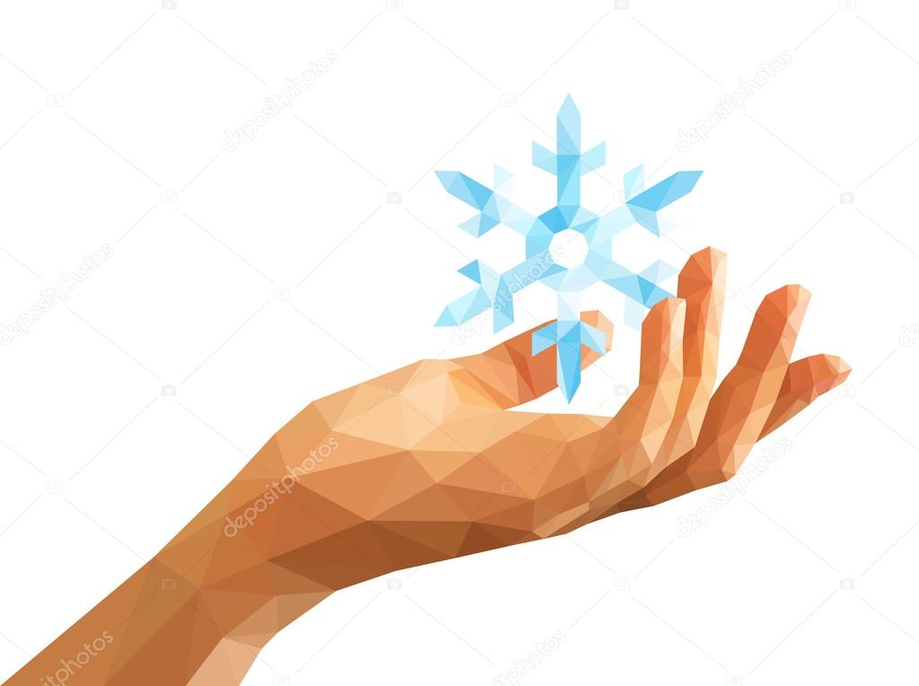 low poly snowflake on the open hand