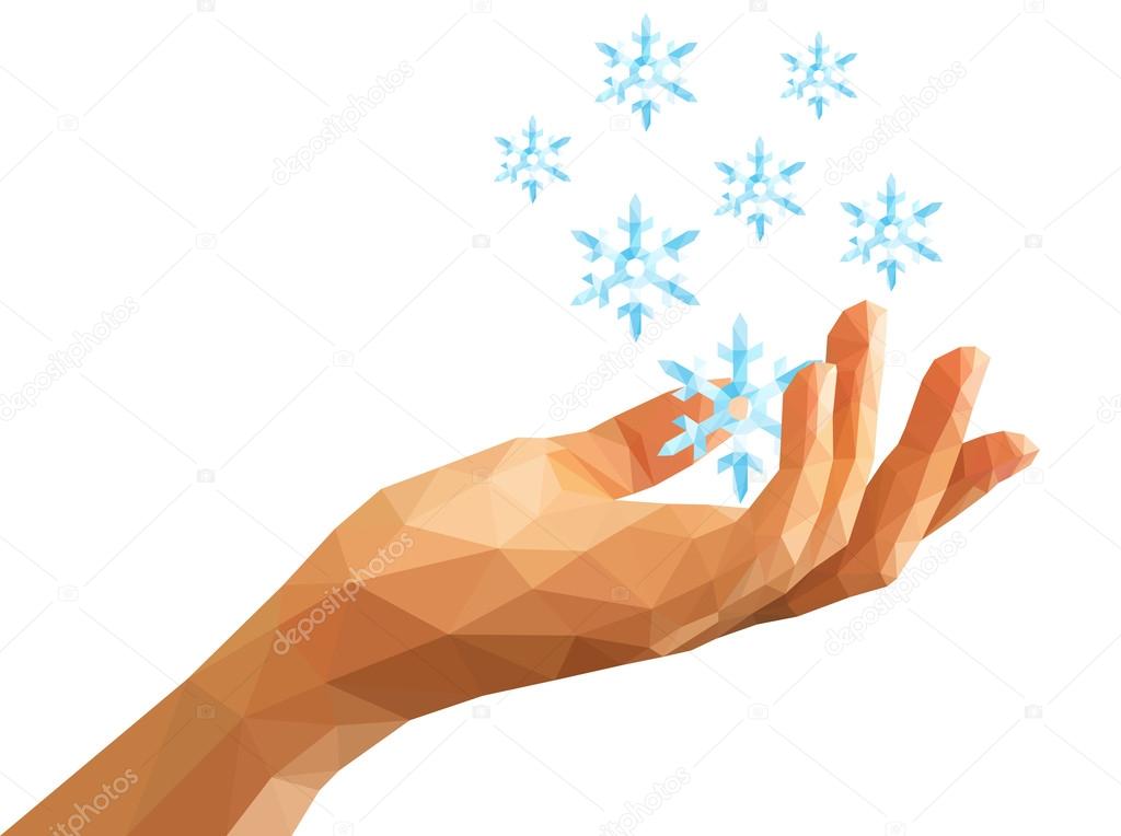 low poly many snowflakes on the open hand