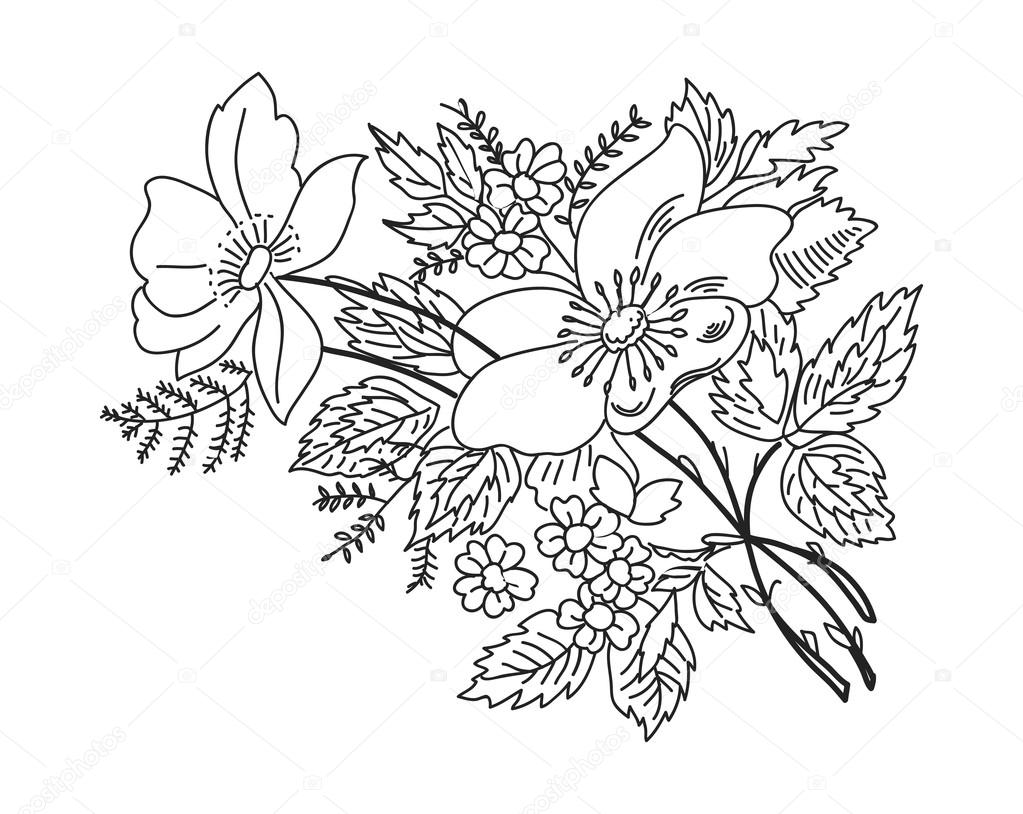 contour drawing flowers branches black on white