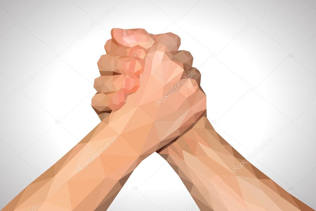 polygonal hand handshake friendly arm wrestling fist up on white