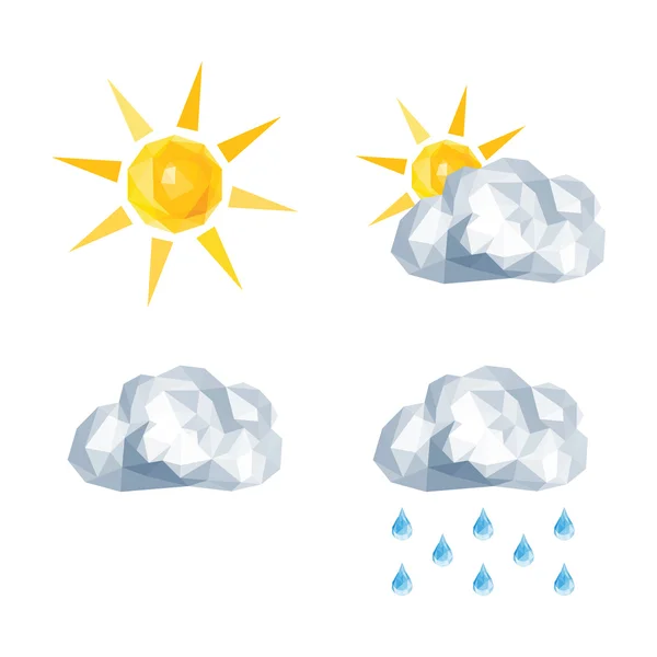 Set poligonal pentru prognoza meteo soare, acoperit de nori, ploaie — Vector de stoc