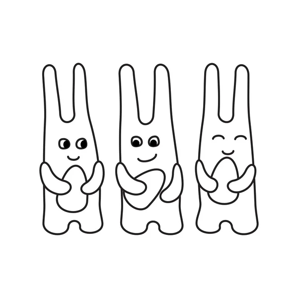 Conjunto de conejos de Pascua abstractos con contorno de huevos de Pascua monocro — Vector de stock