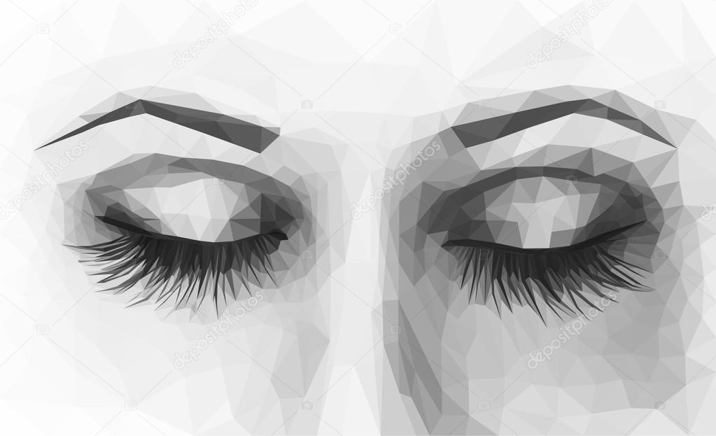 polygonal female eyes closed with long eyelashes monochrome