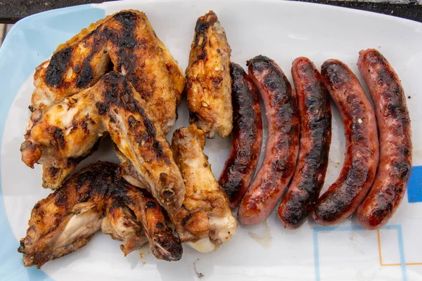 Saucisse Porc Ailes Poulet Repas Grillé Bbq — Photo