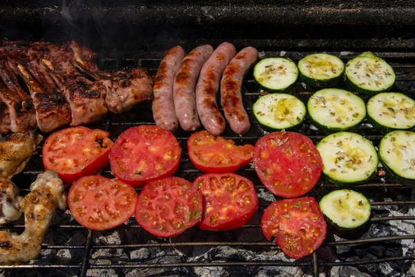Savoureux Barbecue Légumes Viande Été — Photo
