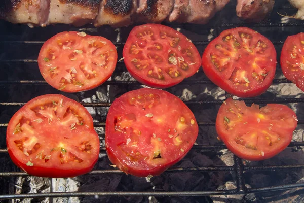 Tranches Tomates Grillées Sur Barbecue Nourriture Végétarienne — Photo