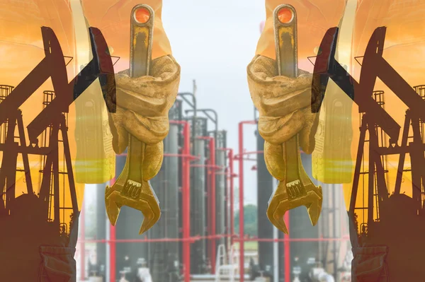 Double exposure Wrench, Basic tool for fixing in crude oil site — Stock Photo, Image