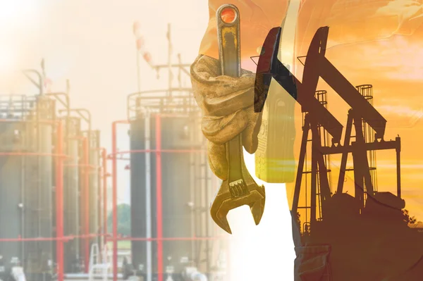 Double exposure Wrench, Basic tool for fixing in crude oil site — Stock Photo, Image