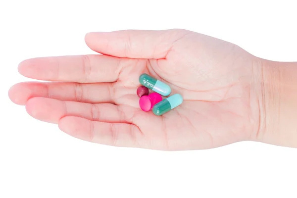 Hand houden veel pillen en tabletten geneeskunde voor gezonde — Stockfoto