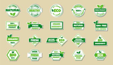 Eko, biyoloji, organik ve doğal ürünler çıkartması, etiket, rozet ve logo. Ekoloji ikonu. Organik ve çevre dostu ürünler için yeşil yapraklı logo şablonu. Vektör illüstrasyonu