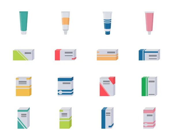 İlaç ve kozmetik ambalajı koleksiyonu. Düz vektör illüstrasyonu