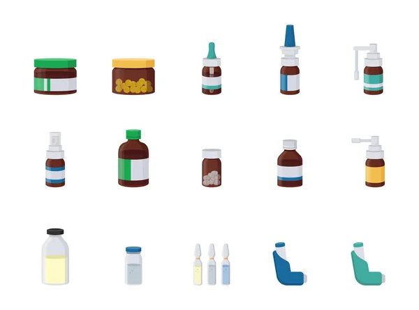 İlaç ürünleri ve ilaç şişelerinin toplanması. Düz vektör illüstrasyonu