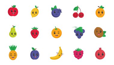 Düz tasarım meyveler. Beyaz arkaplanda vektör çizimleri. Çıkartmalar. Simgeler. Emoji.