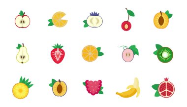 Düz tasarım meyveler. Beyaz arkaplanda vektör çizimleri. Simgeler