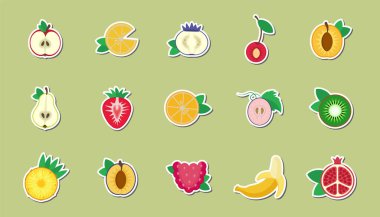 Düz tasarım meyveler. Yeşil arkaplanda vektör çizimleri. Çıkartmalar. Simgeler