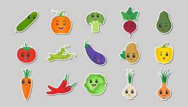 Düz dizayn sebzeler. Gri arkaplanda vektör çizimleri. Çıkartmalar. Simgeler. Emoji.