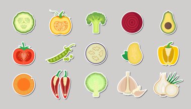 Düz dizayn sebzeler. Gri arkaplanda vektör çizimleri. Çıkartmalar. Simgeler