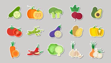 Düz dizayn sebzeler. Gri arkaplanda vektör çizimleri. Çıkartmalar. Simgeler