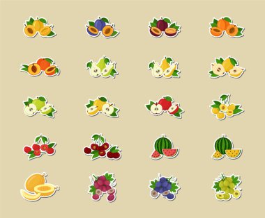 Düz dizayn ev yapımı meyveler. Vektör çizimleri. Meyve çıkartmaları. Ayarla