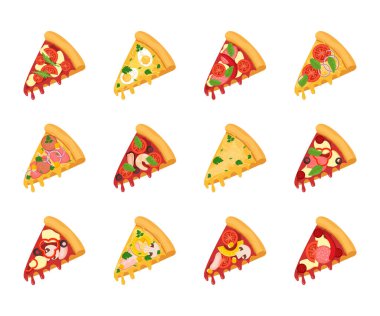 Vektör Pizza Dilimleri Ayarlandı. Çizgi film Pizza Dilimleri