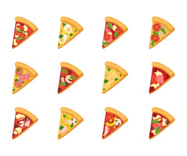 Vektör Pizza Dilimleri Ayarlandı. Çizgi film Pizza Dilimleri