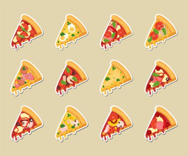 Çıkartmalar. Vektör Pizza Dilimleri Ayarlandı. Çizgi film Pizza Dilimleri