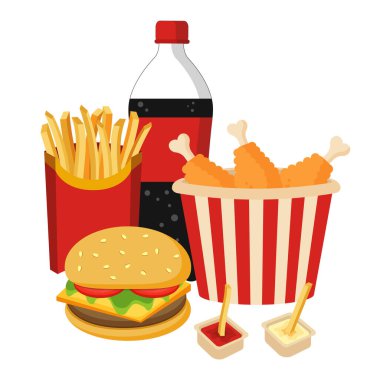 Fast Food Combo - Çıtır Tavuk, Hamburger, Soda ve patates kızartması. Vektör İllüstrasyonu