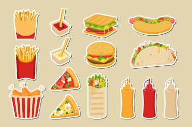 Fast Food Set Etiketleri - Vektör Resimlerinde Lezzetli Yemek