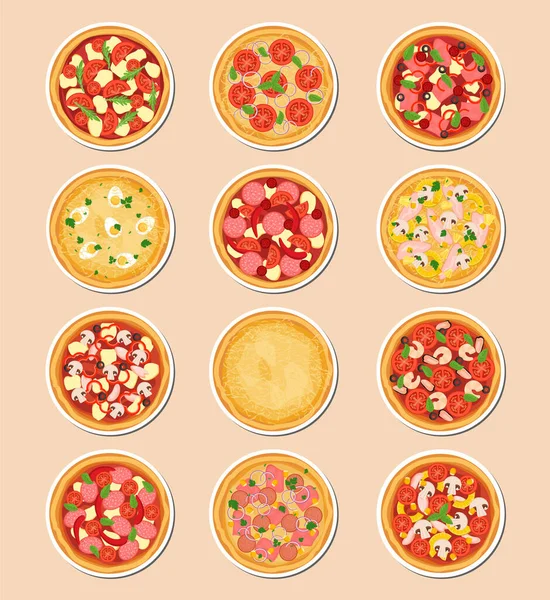 Vector Pizza: Reklam ve Posterler için İştah açıcı İllüstrasyon. Pizzalar - çıkartmalar