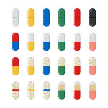 Beyaz arka planda izole edilmiş haplar. Vektör çizimi. İlaç seti.
