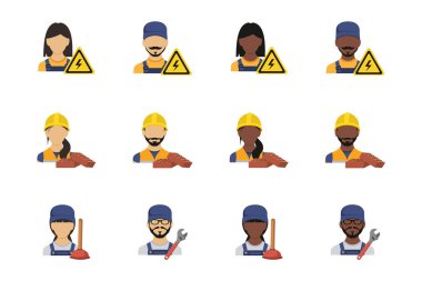 Tamir işçileri avatarları. Düz biçim vektör illüstrasyonu.