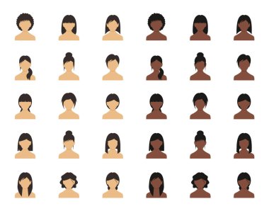 Farklı saç stilleri olan kadın avatarlar. Vektör illüstrasyonu.