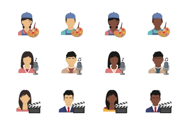 Yaratıcı profesyoneller: sanatçı, aktör, şarkıcı. Düz stil vektör çizimi. Görseller