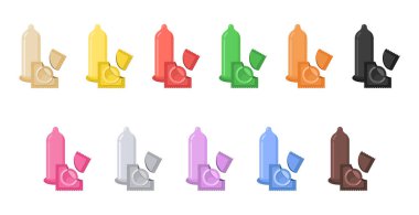 Renkli prezervatif vektörü farklı renklerde paketlenmiş gerçekçi lateks prezervatif koleksiyonu. Düz tasarım vektör çizimi. Beyaz arka planda prezervatifler