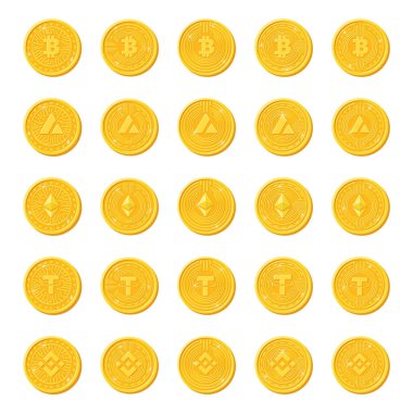 Şifreli altın sikkeler, izole edilmiş madeni para simgeleri. Vektör illüstrasyonu