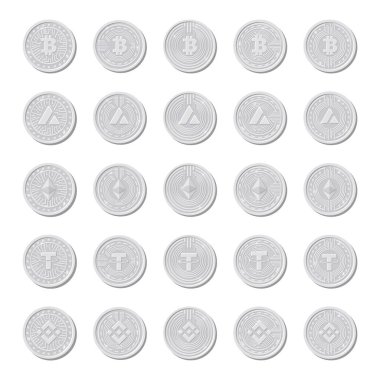 Gümüş kripto paralar, izole madeni para simgeleri. Vektör illüstrasyonu