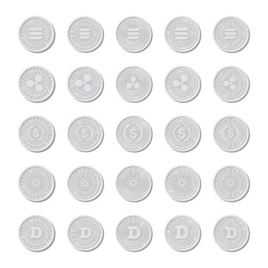 Gümüş kripto paralar, izole madeni para simgeleri. Vektör illüstrasyonu