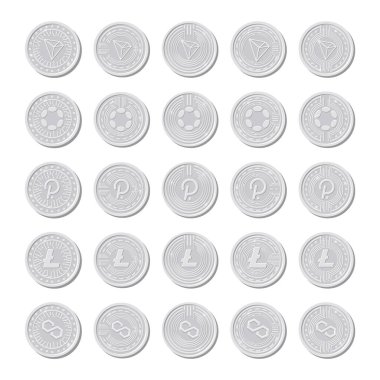 Gümüş kripto paralar, izole madeni para simgeleri. Vektör illüstrasyonu